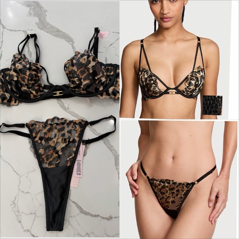 NWT Very Sexy Leopard Embroidery Unlined Low Cut Demi Bra and panty set 34D/S